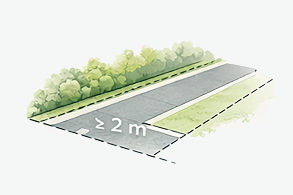 situatieschets van een perceel met terreinwerken en verharding en aanduiding van oppervlakte, reliëfwijziging en afstandsregels voor vergunningen